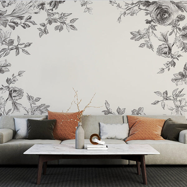 Shabby Chic Wallpaper | Roses & Foliage Mono Wall Mural