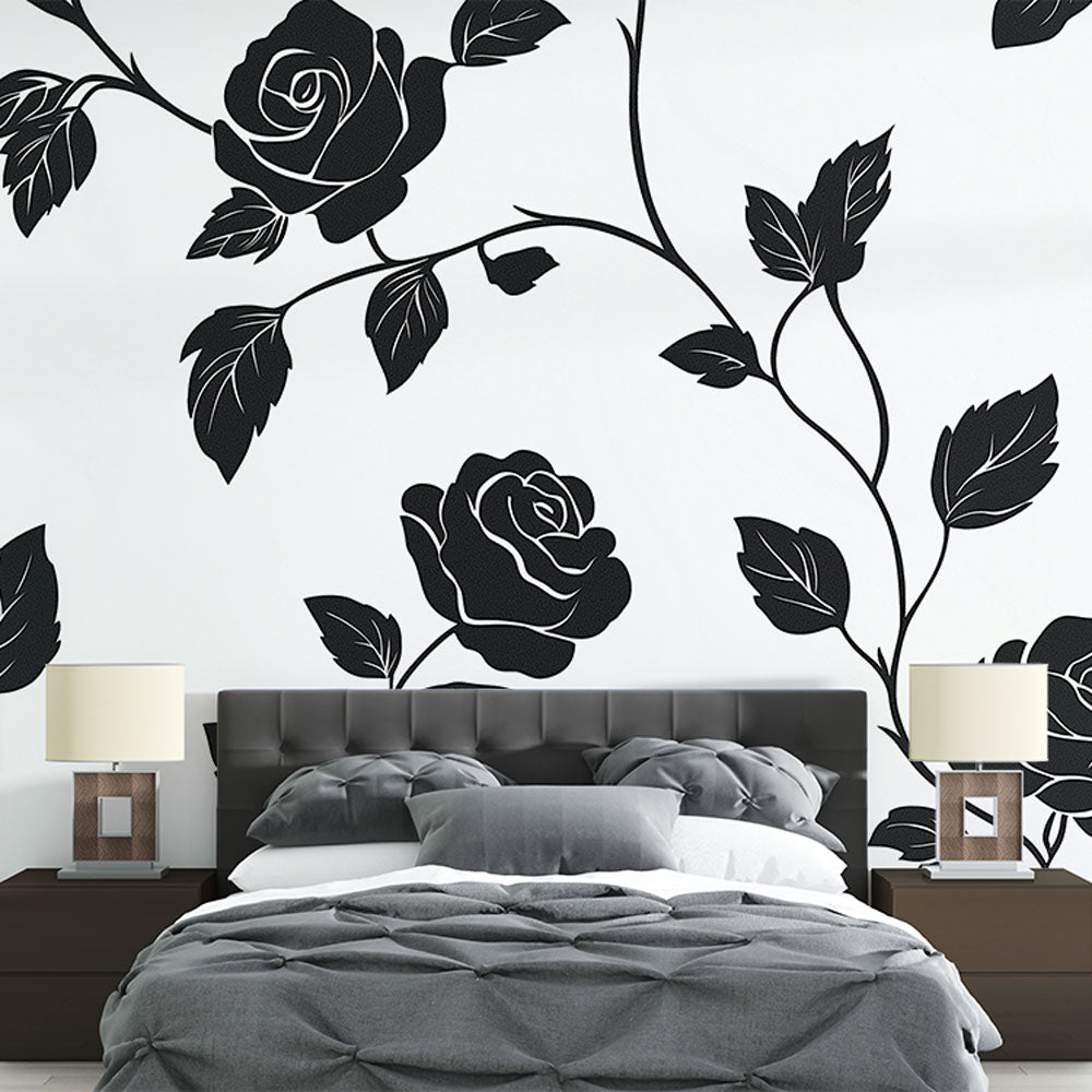 Shabby Chic Wallpaper | Elegant Black Roses on White Canvas