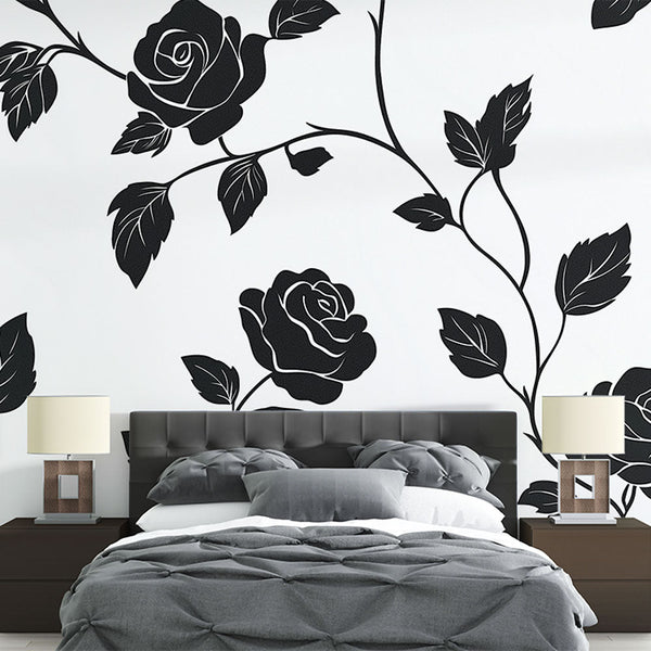 Shabby Chic Wallpaper | Elegant Black Roses on White Canvas