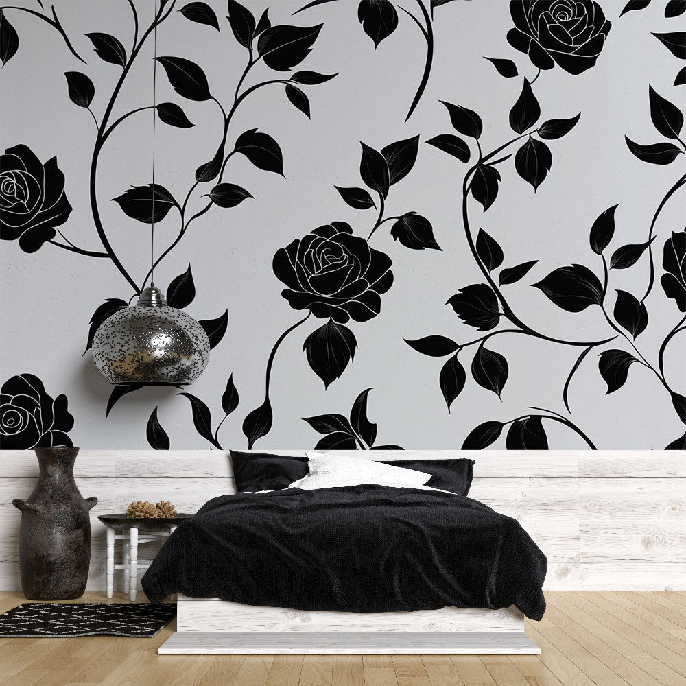 Shabby Chic Wallpaper | Black Roses on White Background