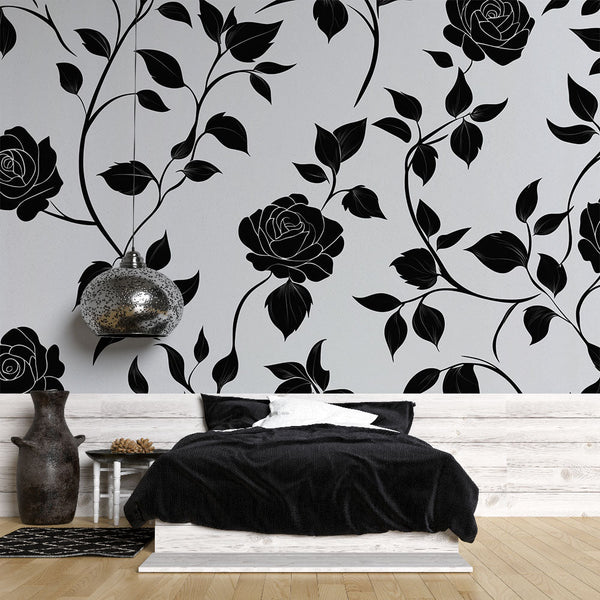 Shabby Chic Wallpaper | Black Roses on White Background