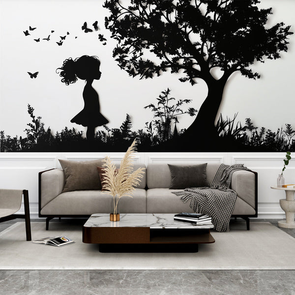 Girl and Tree Silhouette Wallpaper | Butterfly Wall Mural