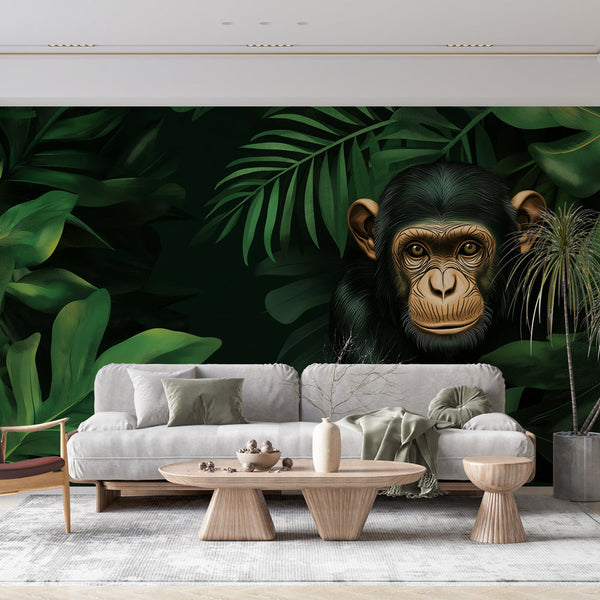 Jungle Monkey Wallpaper | Chimpanzee Wall Mural in Dense Foliage