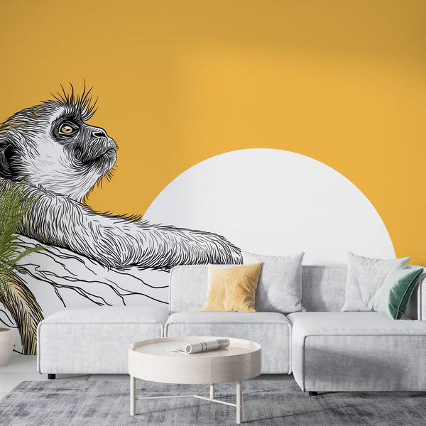 Monkey Wallpaper | Line-Drawn Monkey on Sunny Yellow Backdrop