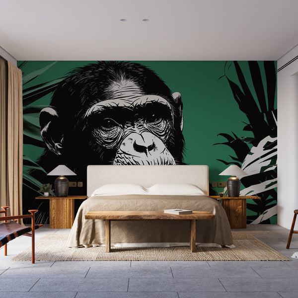 Monkey Wallpaper | Stylised Wall Mural on Verdant Green Backdrop