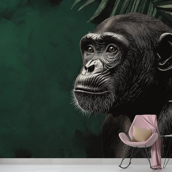 Monkey Portrait Wallpaper | Majestic Wall Mural on Verdant Green