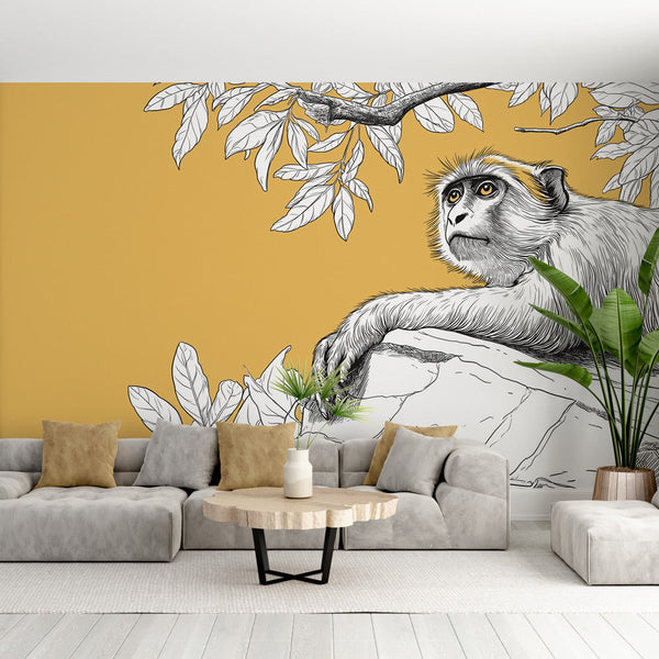 Monkey Wallpaper | Thoughtful Monkey on a Bright Yellow Ground