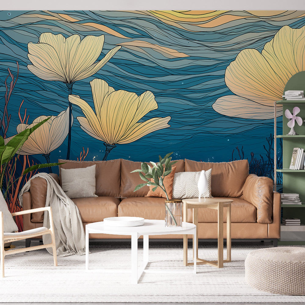 Underwater Wallpaper | Floating Flowers in a Blue Ocean Mural