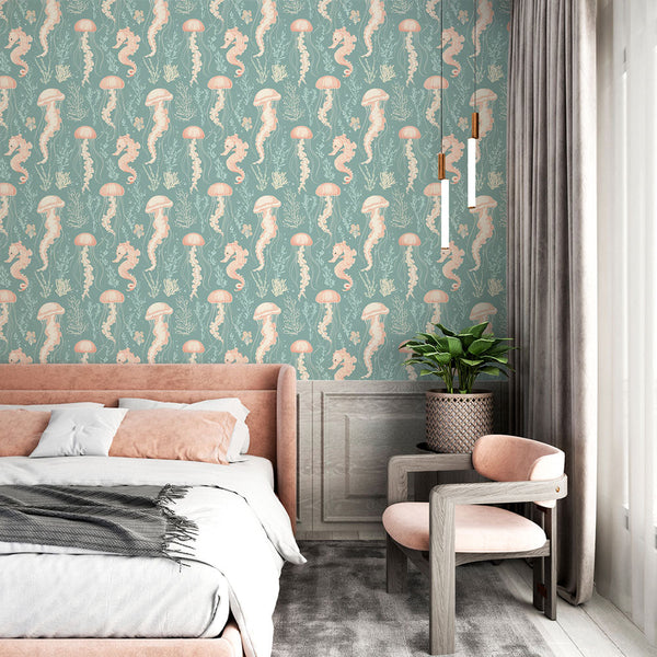 Seahorse Wallpaper | Delicate Jellyfish on Aquatic Tones