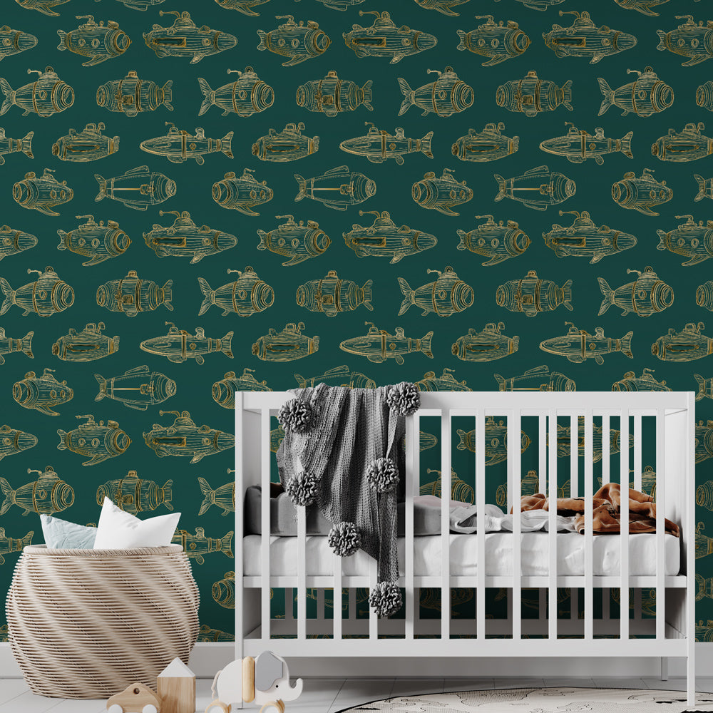 Submarine Wallpaper | Gold Subs and Fish on Deep Green