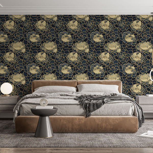 Golden Succulent Wallpaper | Succulent Pattern on Deep Navy
