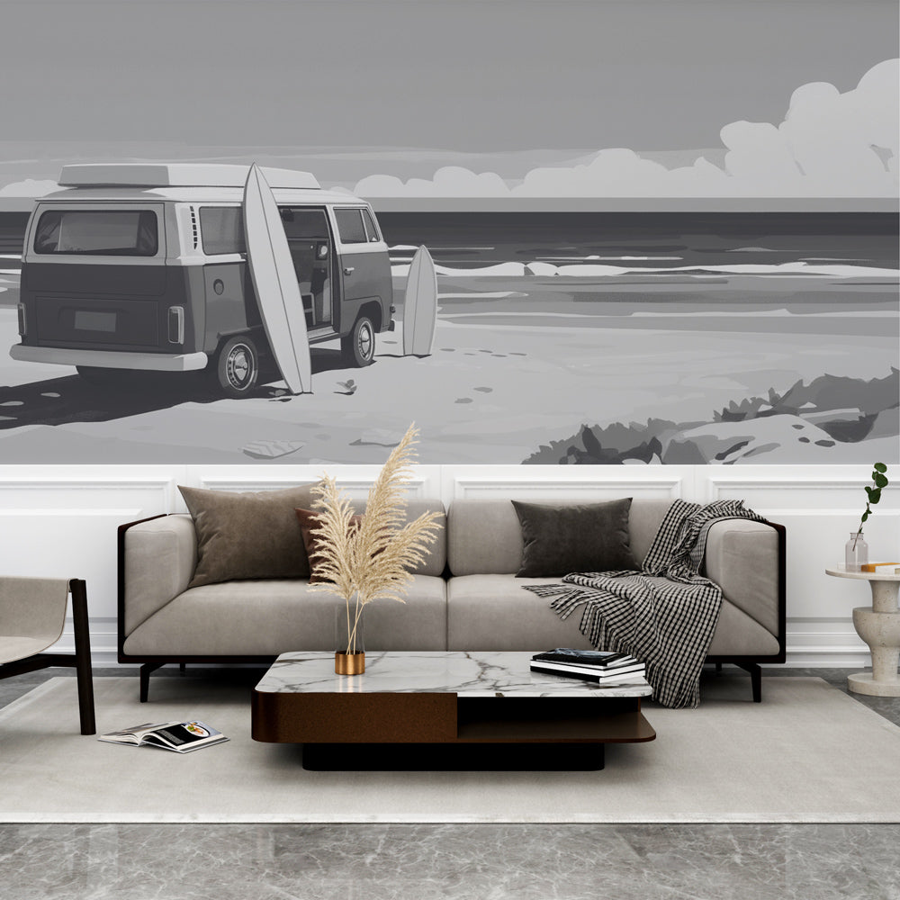 Surf Wallpaper | Black White Beach Van Sea Wall Mural