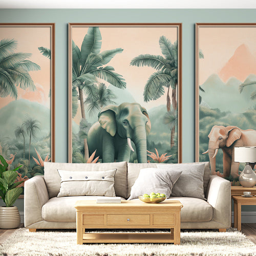 Wallpaper of two elegant elephants in lush jungle with palms and tropical flowers in pink green