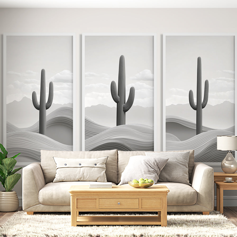 Black White Desert Cactus Wallpaper | Monochrome Mural