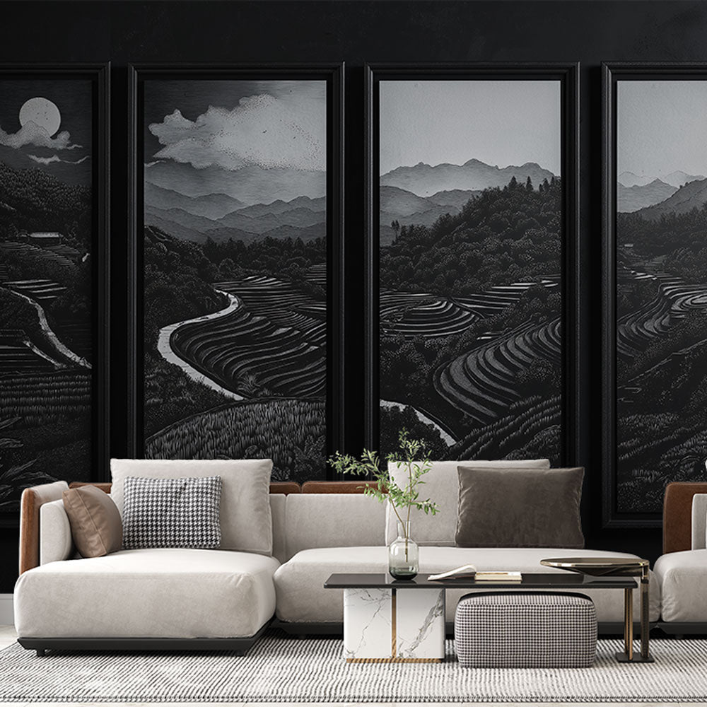 Black and White Terraced Rice Fields Wallpaper Mural