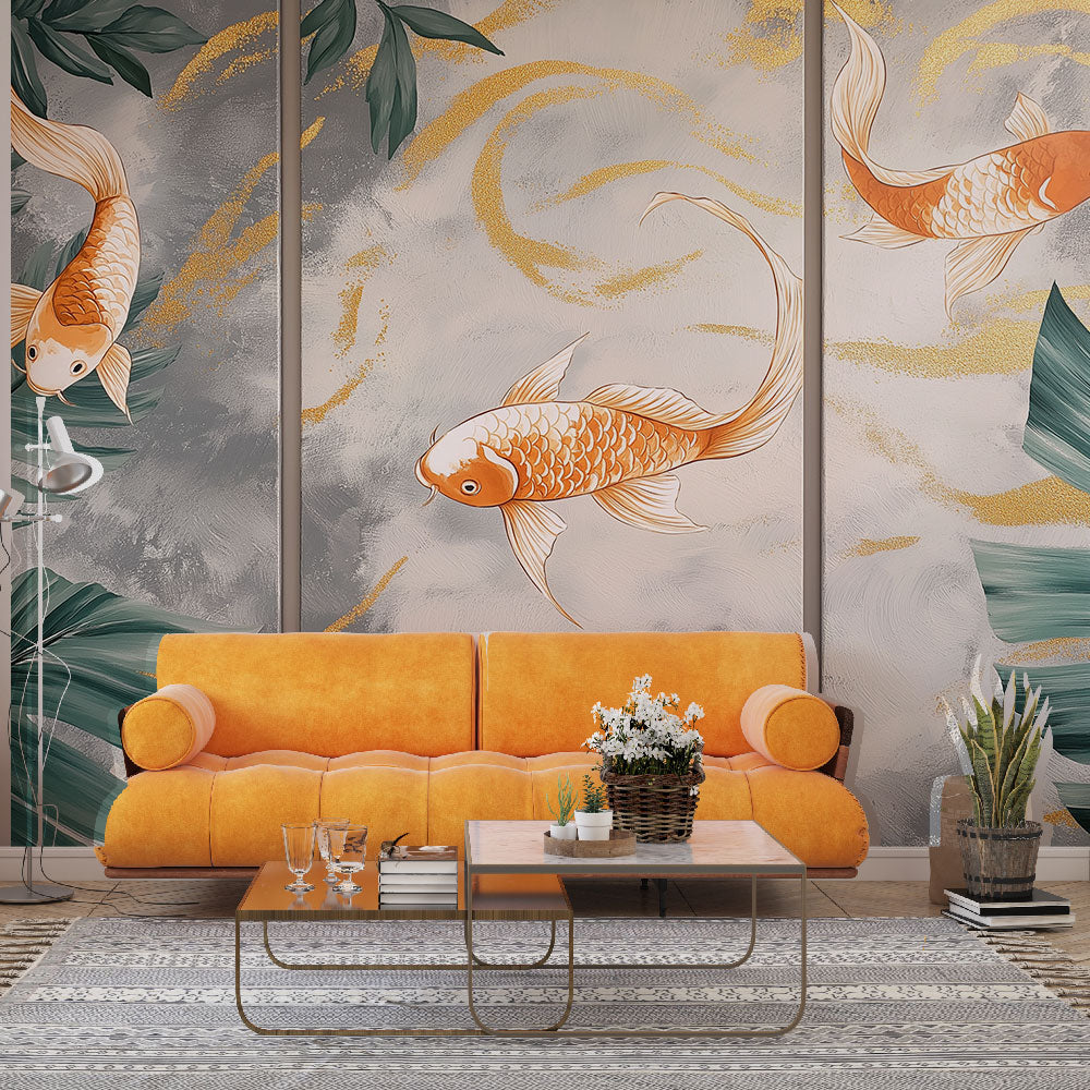 Koi Painting Wallpaper | Elegant Fish on Gold with Foliage