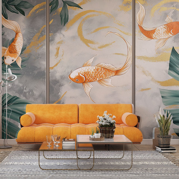 Koi Painting Wallpaper | Elegant Fish on Gold with Foliage