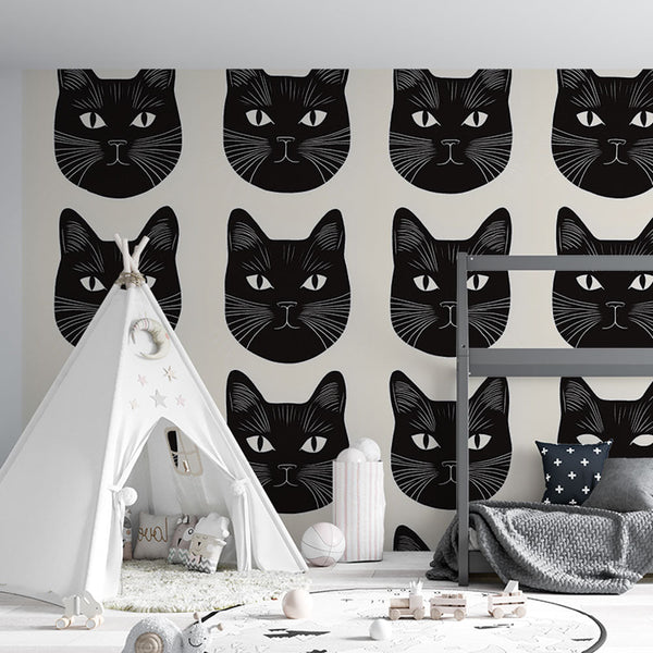 Cat Heads Wallpaper | Graphic Faces On Cream Wall Mural