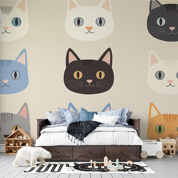 Cat Heads Wallpaper | Playful Colored Faces Wall Mural
