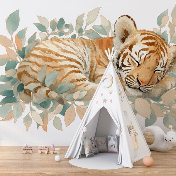 Tiger Wallpaper | Adorable Sleeping Tiger in Soft Foliage