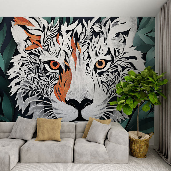 Tiger Wallpaper | Artistic Leaf Motif Wall Mural