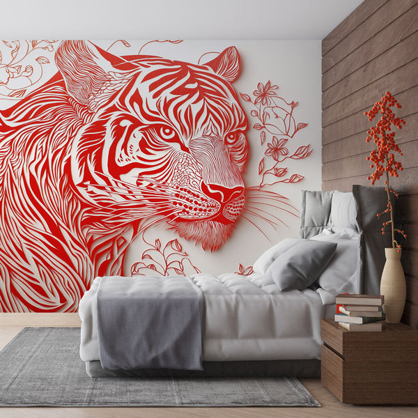 Tiger Wallpaper | Red & White Floral Tiger Wall Mural