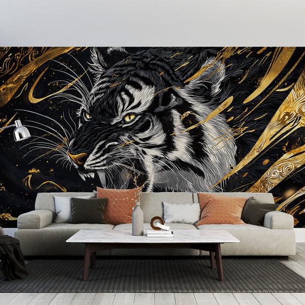 Golden Tiger Wallpaper on Black with Gilded Splashes