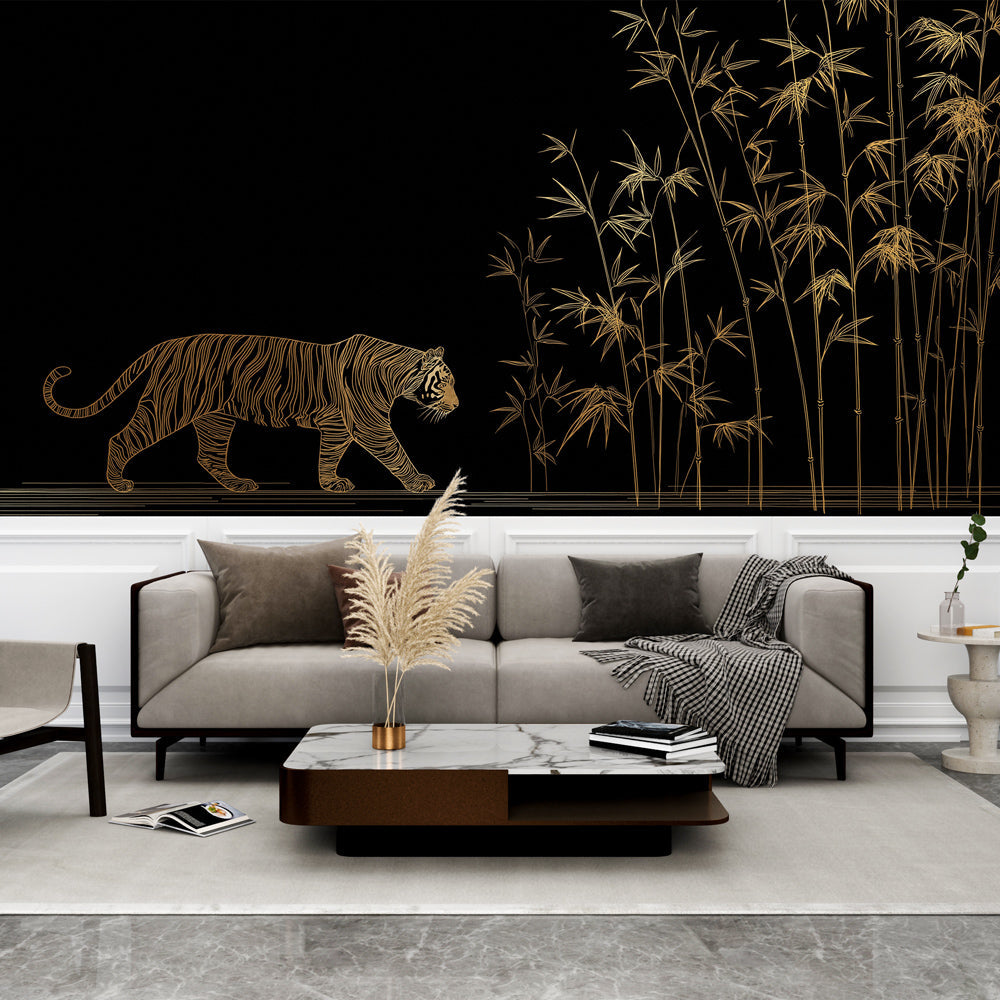 Tiger and Bamboo Wallpaper | Elegant Gold Pattern on Black
