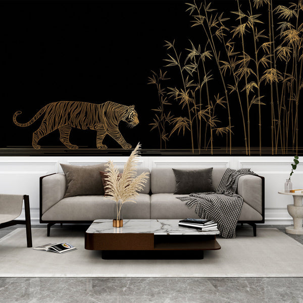 Tiger and Bamboo Wallpaper | Elegant Gold Pattern on Black