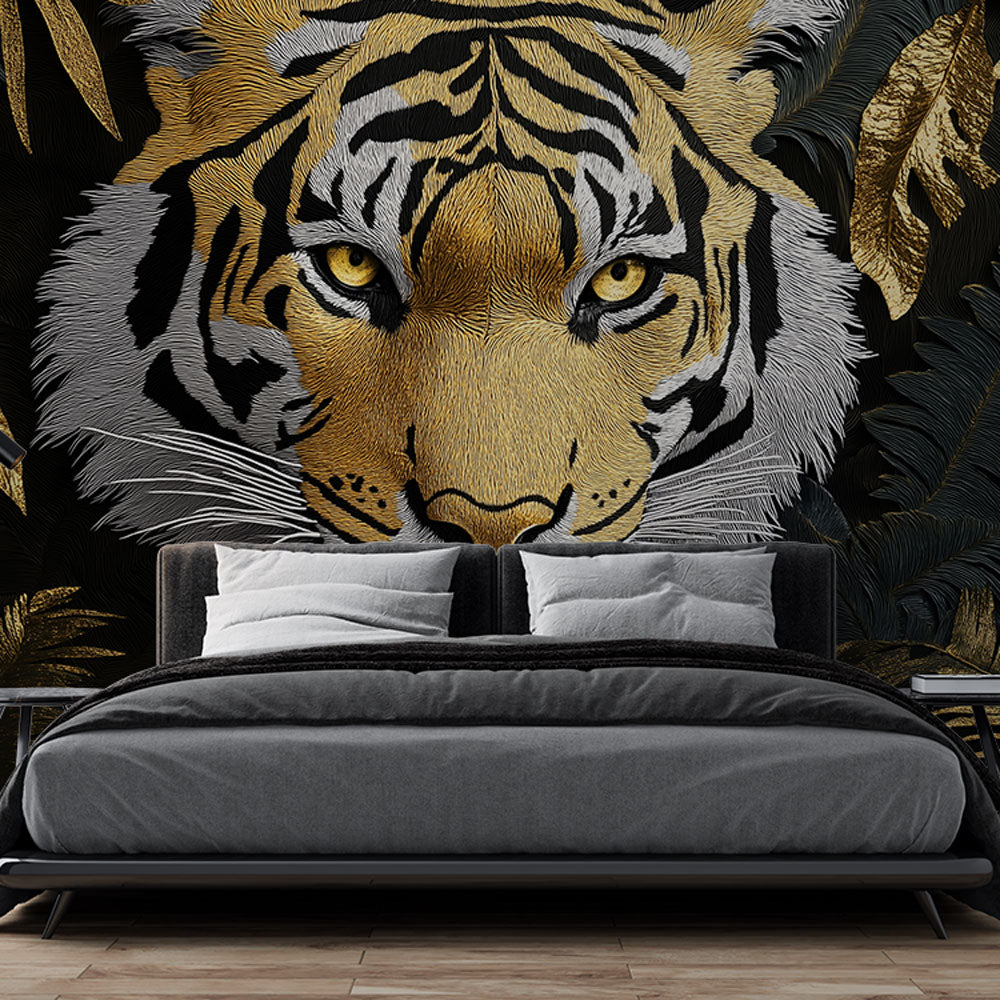 Majestic Tiger Close-Up Wallpaper on Golden Foliage