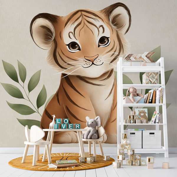 Cute Tiger Wallpaper | Playful Little Tiger Framed by Green Leaves
