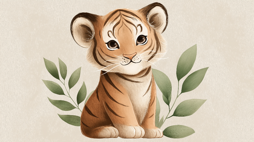 Cute Tiger Wallpaper | Playful Little Tiger Framed by Green Leaves