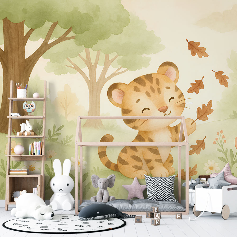 Cute Tiger Wallpaper | Playful Tiger Among Autumn Leaves