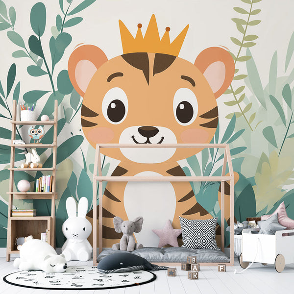Crowned Tiger Wallpaper | Cute Foliage Wall Mural Print