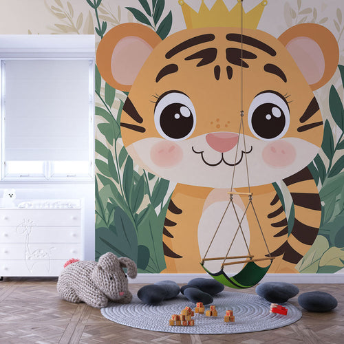 Cute crowned tiger wallpaper standing proud among lush tropical green foliage