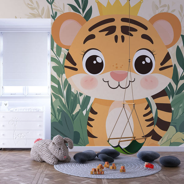 Crowned Tiger Wallpaper | Tropical Foliage Wall Mural