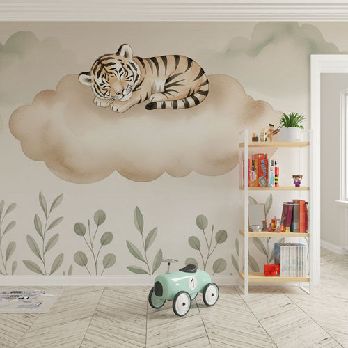 Pastel kids wallpaper with a cute tiger sleeping on a cloud among green leaves