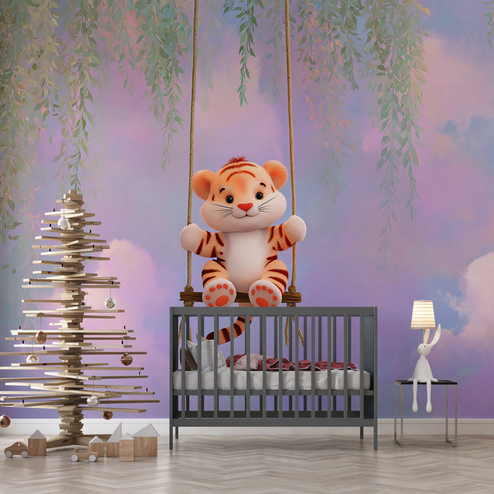 Cute Tiger Wallpaper | Happy Tiger on a Swing Among Leaves