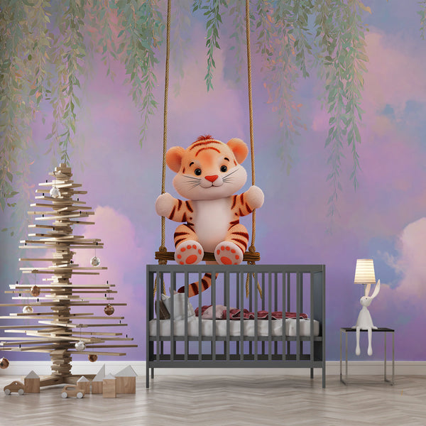 Cute Tiger Wallpaper | Happy Tiger on a Swing Among Leaves