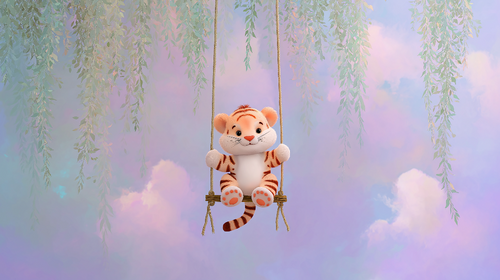 Cute Tiger Wallpaper | Happy Tiger on a Swing Among Leaves