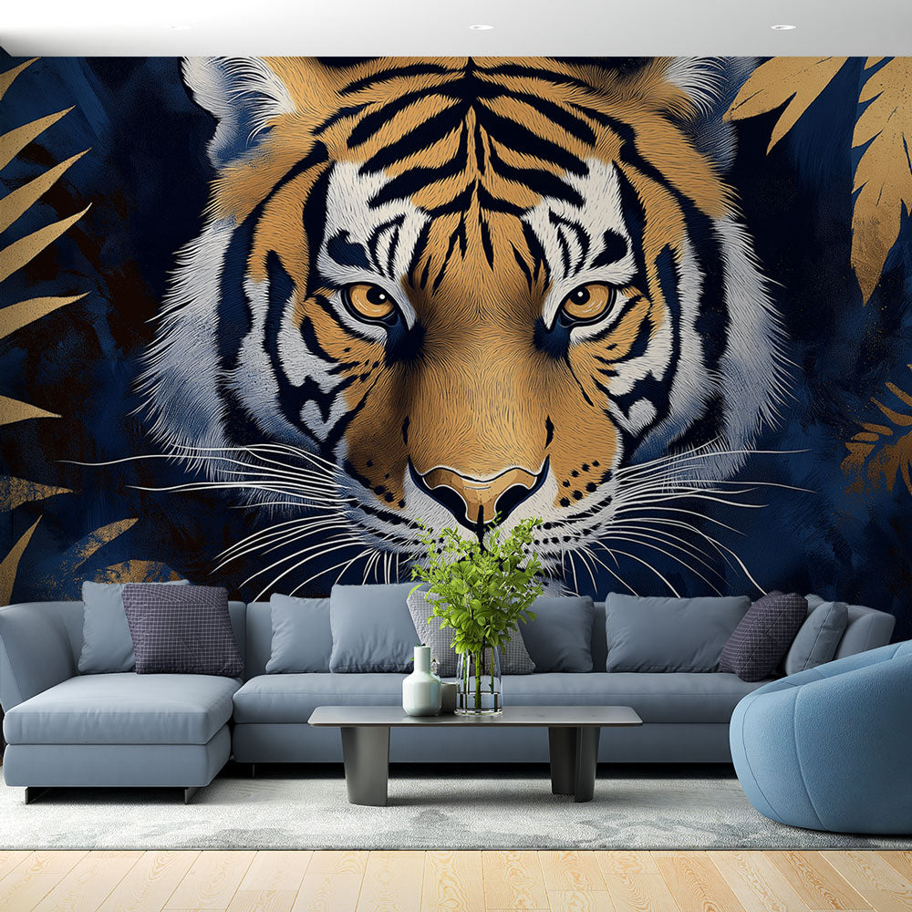 Tiger Portrait Wallpaper on Dark Background with Gold Leaves
