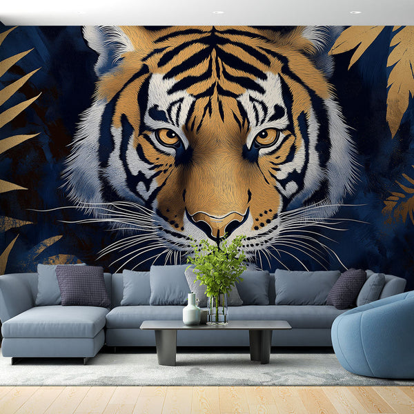 Tiger Portrait Wallpaper on Dark Background with Gold Leaves