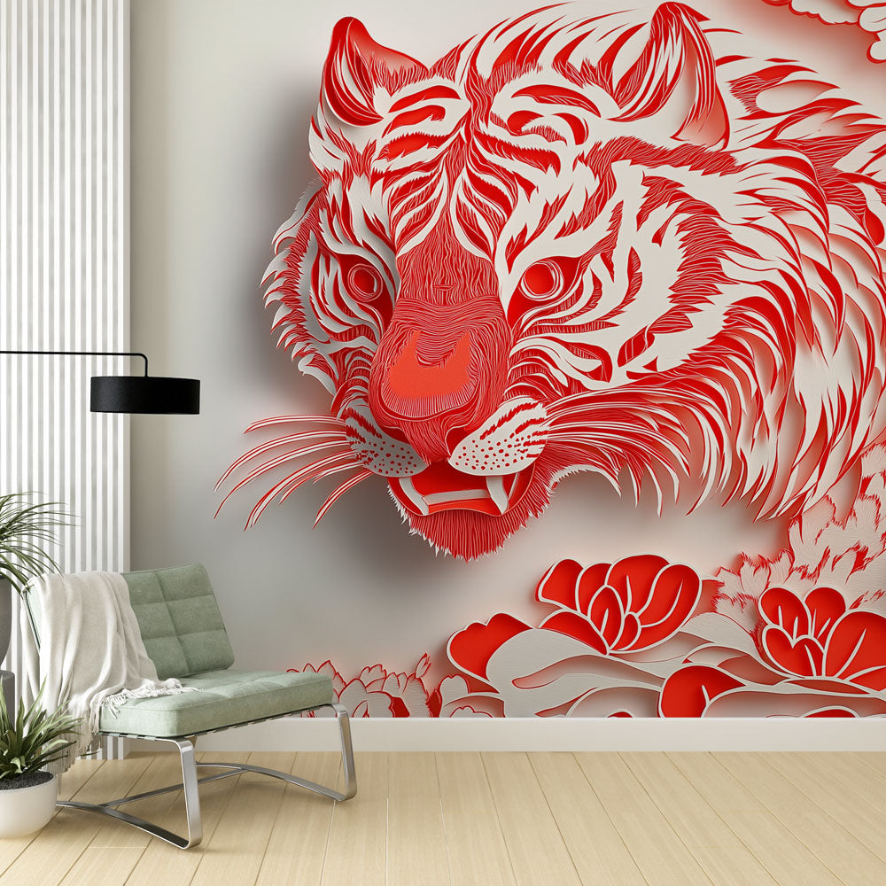Red Tiger Wallpaper | Artistic Floral Tiger Wall Mural