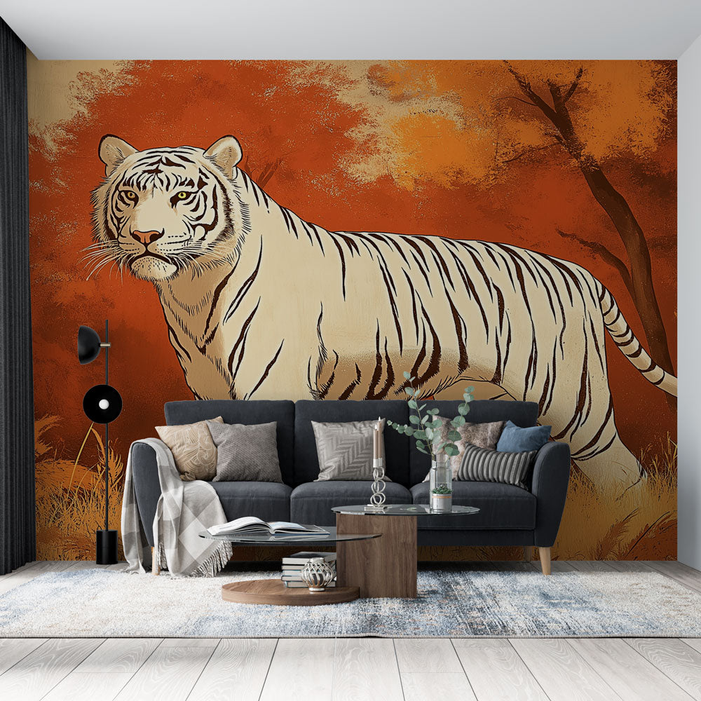 Majestic White Tiger Wallpaper in Vibrant Autumn Decor