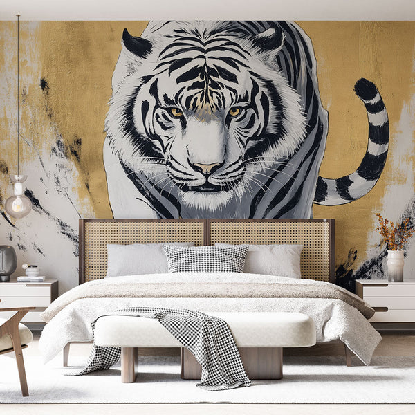 Majestic White Tiger Wallpaper on Golden Background