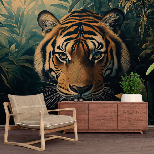 Majestic Tiger Wallpaper Amid Verdant Jungle Foliage