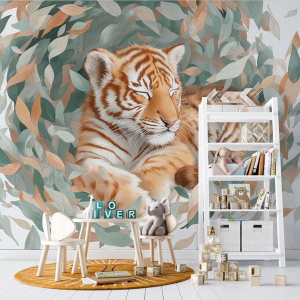 Tiger Wallpaper | Sleeping Tiger Among Delicate Leaves