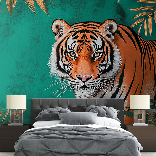 Majestic Tiger Wallpaper Surrounded by Tropical Foliage