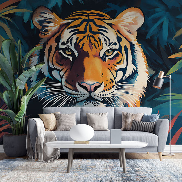 Tiger Face Wallpaper Surrounded by Tropical Foliage