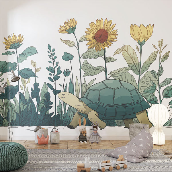 Turtle Wallpaper | Turtle Among Sunflowers and Lush Foliage